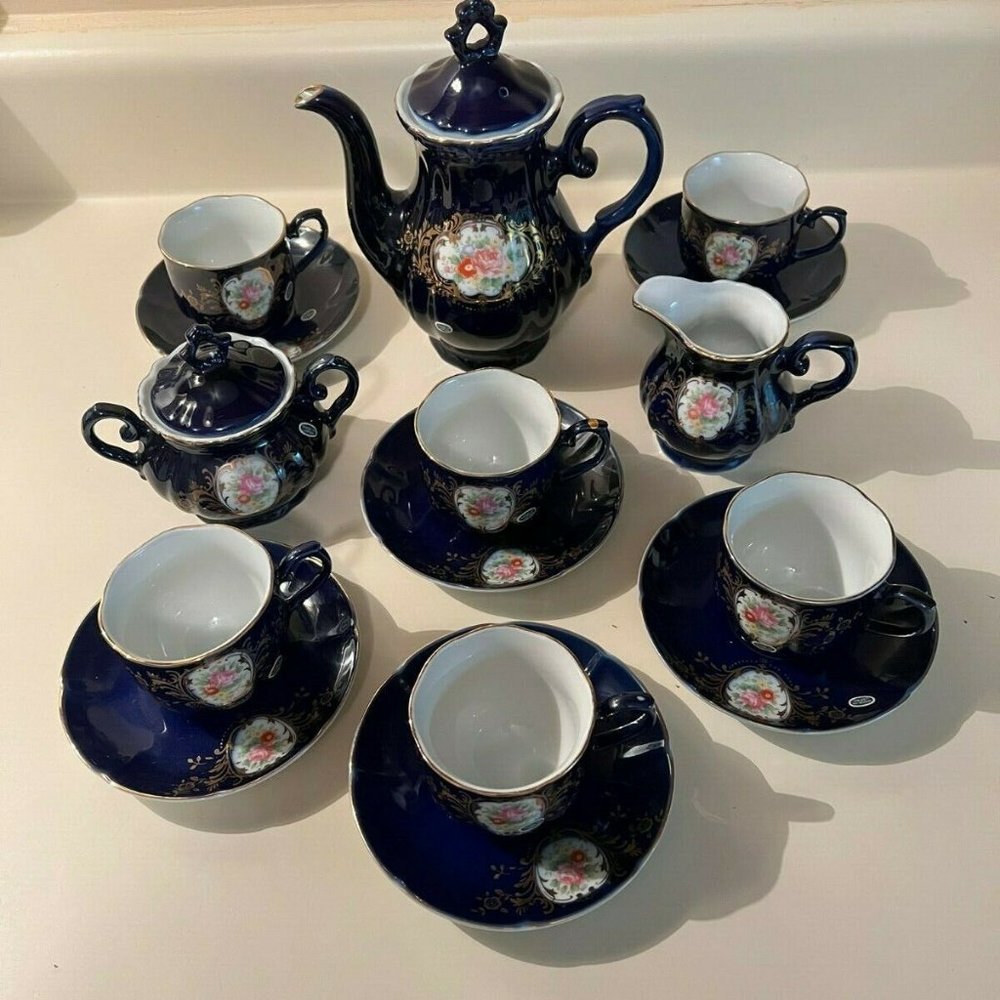 VTG Hand Spray KT in Glaze Cobalt Blue Japanese 1960 17 Pc. Tea Set Excellent